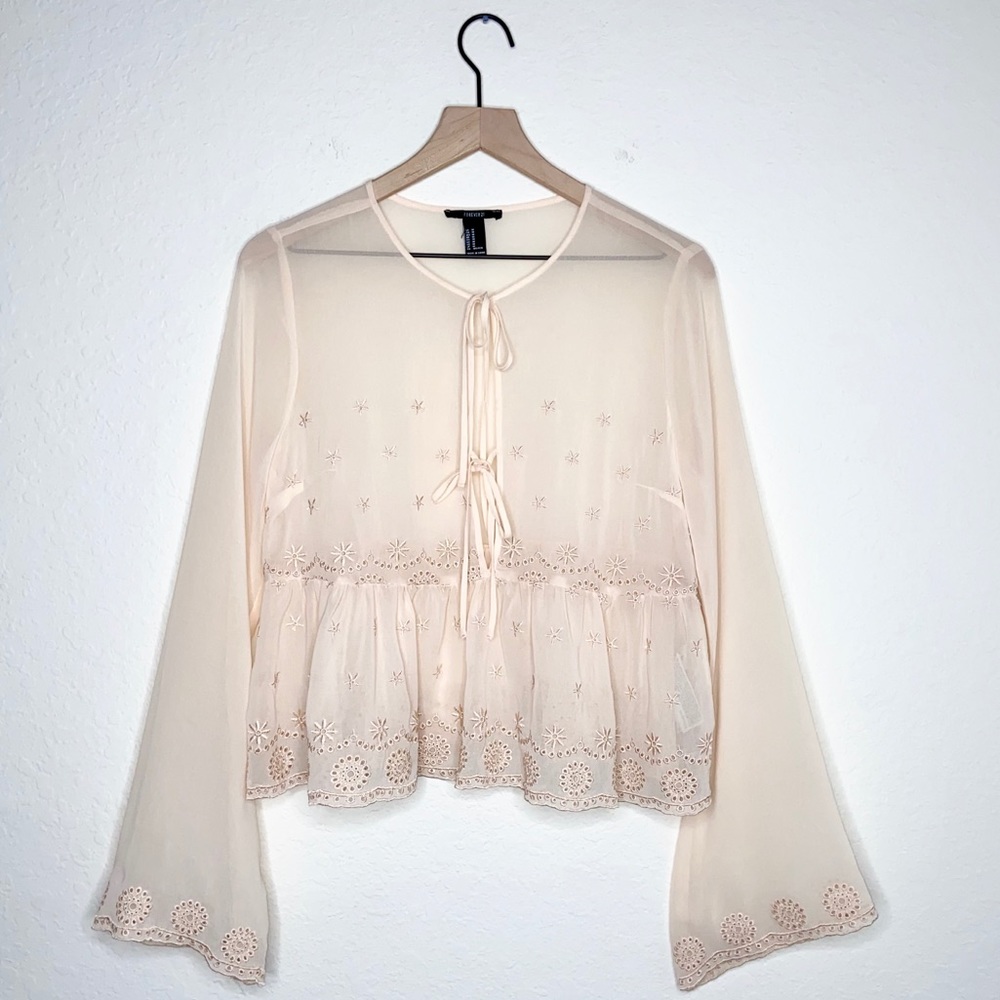 Forever 21 Embroidered Cream Sheer Long Sleeve Top